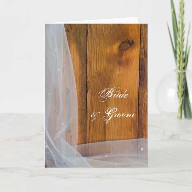 Invitation Voile nuptiale et Mariage campagnard en bois de gr (Devant)