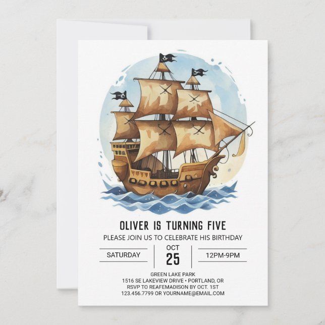 Invitation Voiles Vagues Nautiques Pirate Anniversaire (Devant)