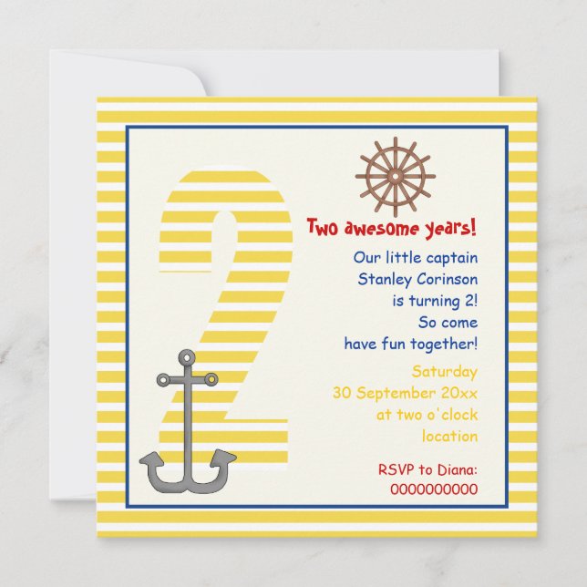 Invitation Voilier jaune nautique, 2e anniversaire blanc (Devant)