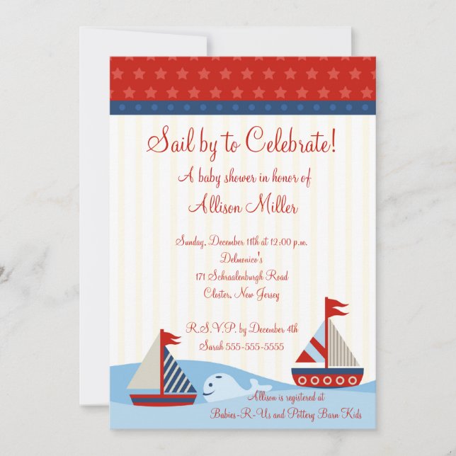 Invitation Voilier nautique pour célébrer le Baby shower Garç (Devant)