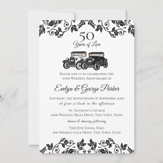 Invitation Voiture ancienne et damassé 50e anniversaire de ma (Devant)