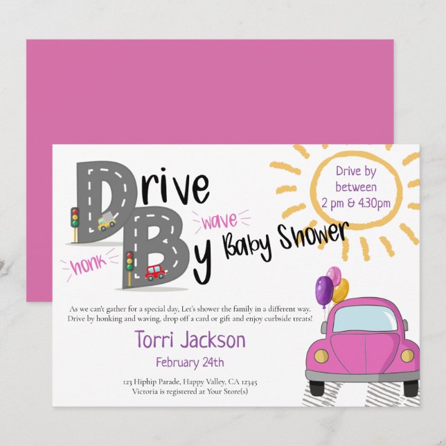 Invitation Voiture Baby shower rose et ballons (Devant / Derrière)