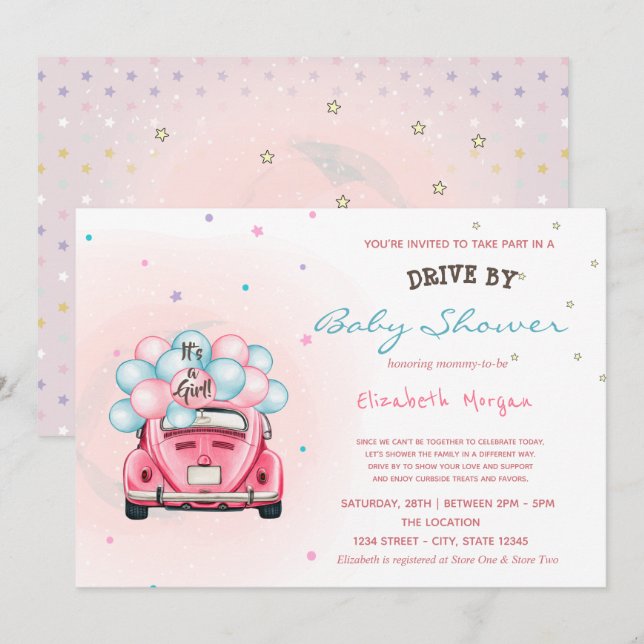 Invitation Voiture Balloons Étoiles Conduire Par Baby shower (Devant / Derrière)