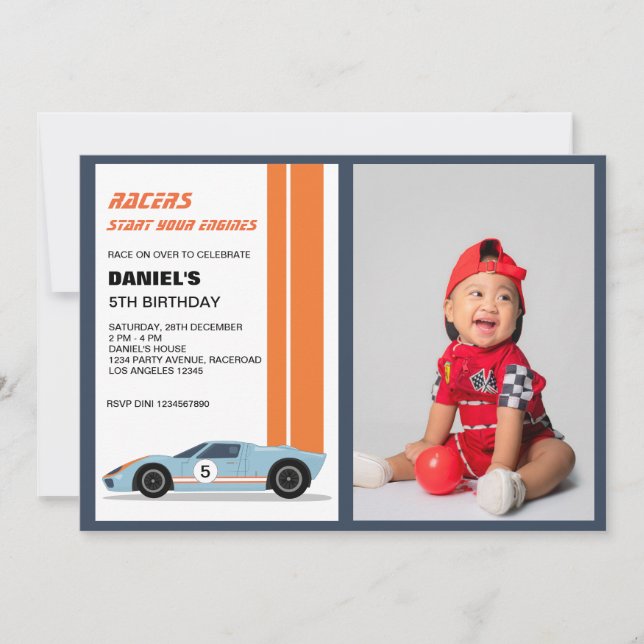 Invitation Voiture Blue moderne Boy Photo Anniversaire (Devant)