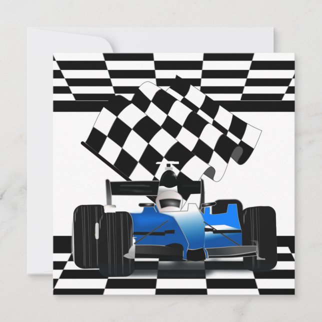 Invitation Voiture Blue Race avec drapeau À damiers (Devant)