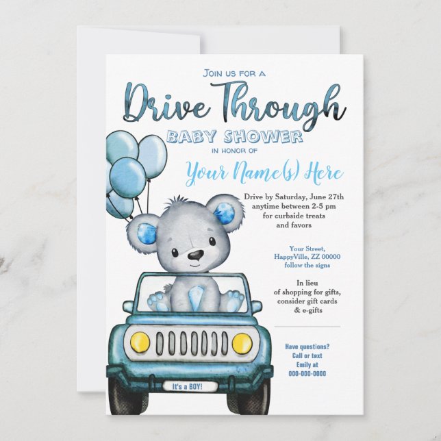 Invitation Voiture Boy À Travers Baby shower Ours (Devant)