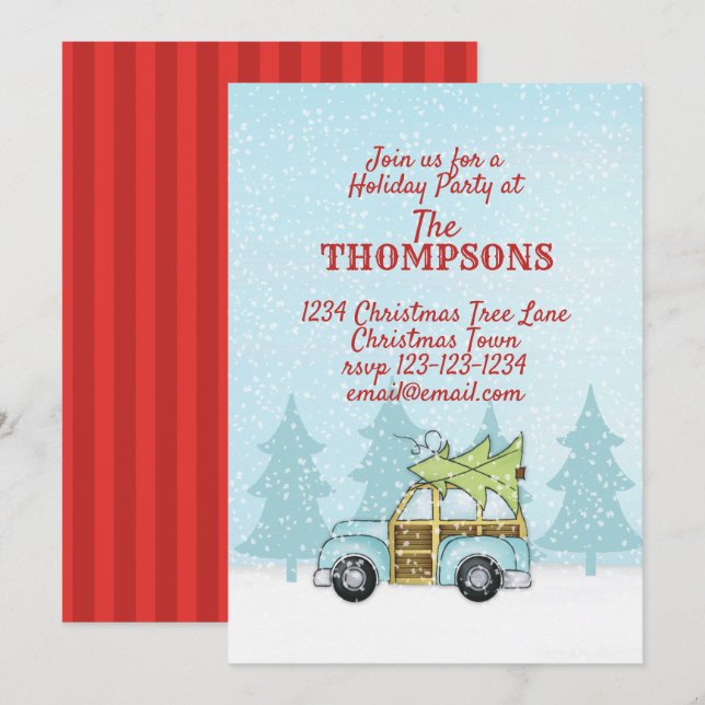 Invitation Voiture de bois en Snow Cute Whimsical Fête de Vac (Devant / Derrière)