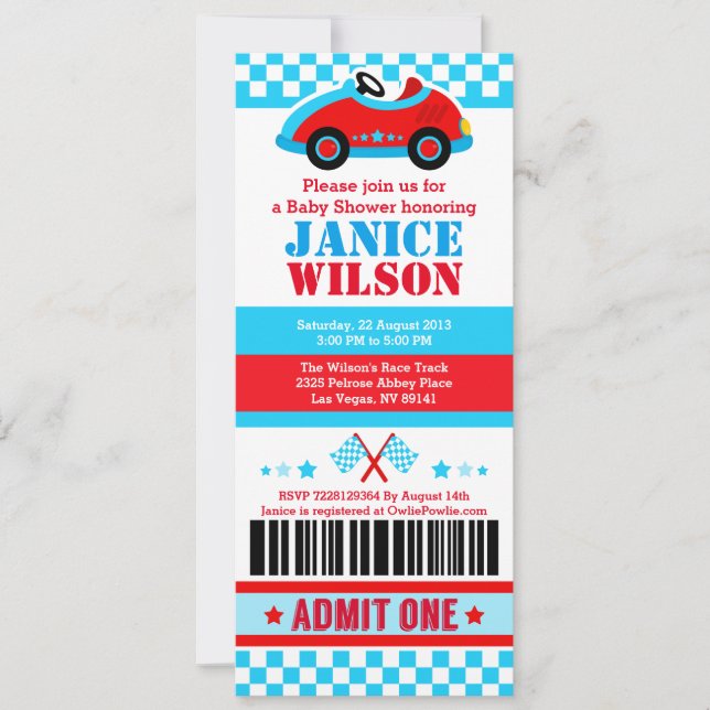 Invitation Voiture de course Billet Pass Baby shower Fête Inv (Devant)