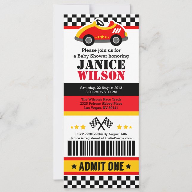 Invitation Voiture de course Billet Pass Baby shower Fête Inv (Devant)