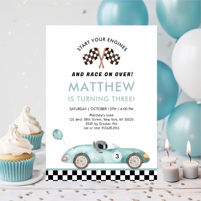 Invitation Voiture de course bleue moderne Anniversaire (Créateur téléchargé)