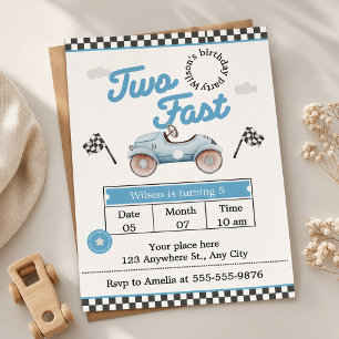 Invitation Voiture de course bleue vintage "Deux Rapides" 2e