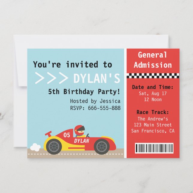 Invitation Voiture de course, fête d'anniversaire, billet (Devant)