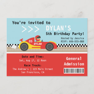 Invitation Voiture de course, fête d'anniversaire, billet d'e
