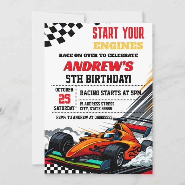 Invitation Voiture de course personnelle fête d'anniversaire  (Devant)