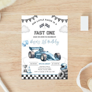 Invitation Voiture de course rapide bleue premier 1er anniver