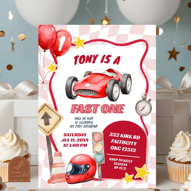 Invitation Voiture De Course Rapide Un Premier Anniversaire (Créateur téléchargé)