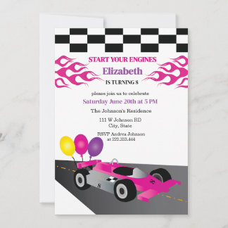Invitation Voiture de course rose, demarrez vos moteurs, anni
