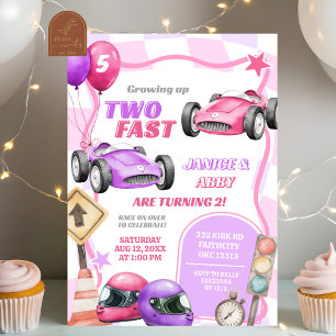 Invitation Voiture de course rose jumelles Deux filles rapide