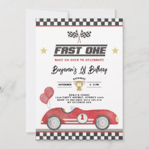 Invitation Voiture de course Rouge Rétro 1er Anniversaire