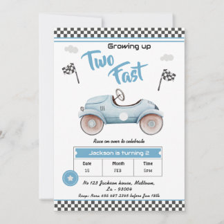 Invitation Voiture de course thème bleu vintage Deux rapide 2