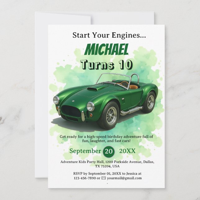 Invitation Voiture de course verte de fête d'anniversaire 10  (Devant)