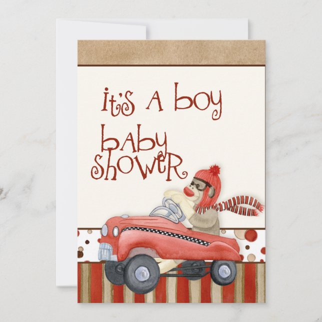 Invitation Voiture de pédale de singe, Baby shower garçon Inv (Devant)