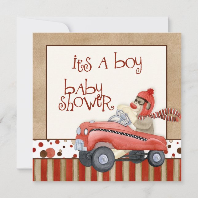 Invitation Voiture de pédale de singe, Baby shower garçon Inv (Devant)
