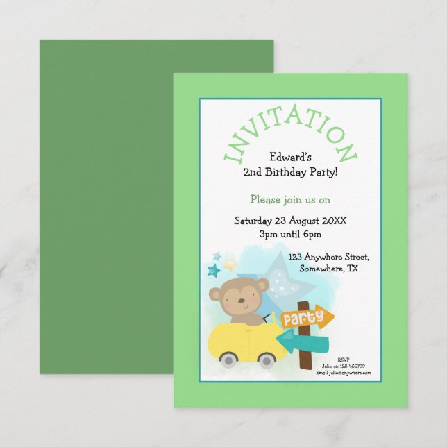 Invitation Voiture de singe mignonne Garçon fête d'anniversai (Devant / Derrière)