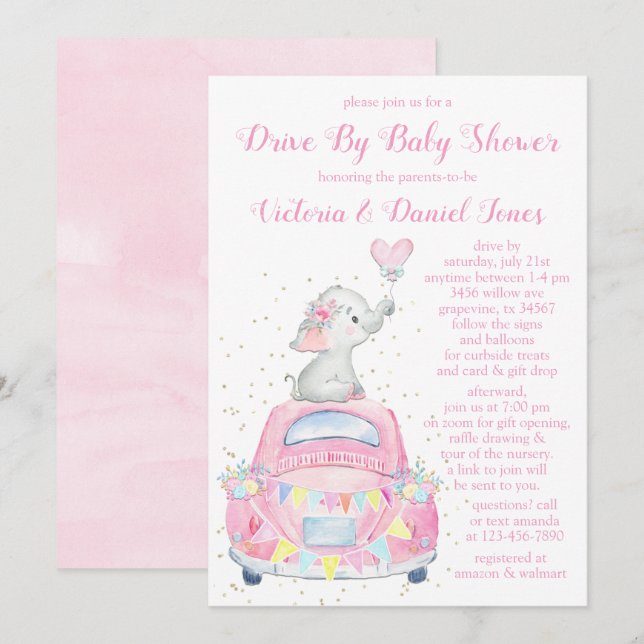 Invitation Voiture d'éléphant d'aquarelle fille par Baby show (Devant / Derrière)