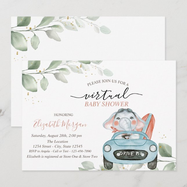 Invitation Voiture Eléphant Cute Virtual Drive Par Baby showe (Devant / Derrière)
