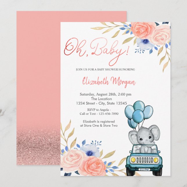 Invitation Voiture éléphante, Ballons Baby shower Floral (Devant / Derrière)