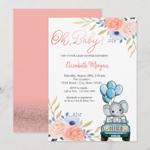 Invitation Voiture éléphante, Ballons Baby shower Floral