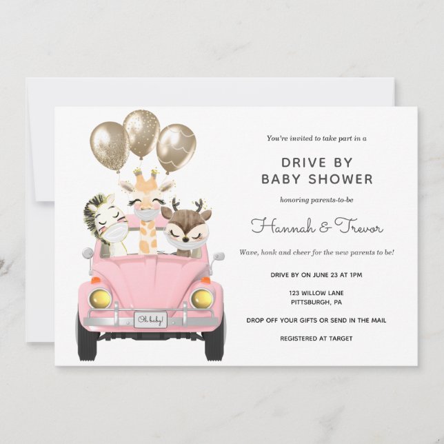 Invitation Voiture En Baby shower Parade Rose (Devant)
