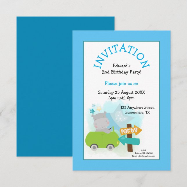 Invitation Voiture Hippo mignonne Bleu fête d'anniversaire (Devant / Derrière)