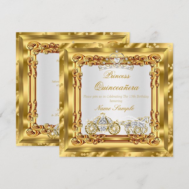 Invitation Voiture Magique Quinceanera Gold Diamond Horse (Devant / Derrière)