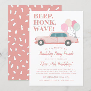 Invitation Voiture Par Fille Anniversaire Fête Pink Vintage V