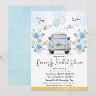 Invitation Voiture Rétro Dusty Blue Floral En Fête des mariée