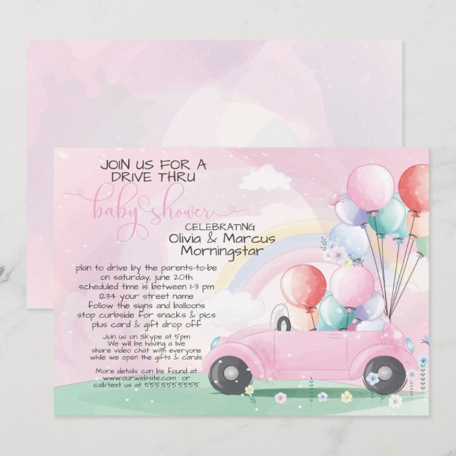 Invitation Voiture rose Ballons conduire à travers le Baby sh (Devant / Derrière)