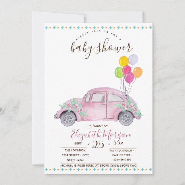 Invitation Voiture rose mignonne, Ballons Baby shower Zigzag (Devant)