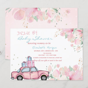 Invitation Voiture Rose Présente Fleurs Conduite Par Baby sho