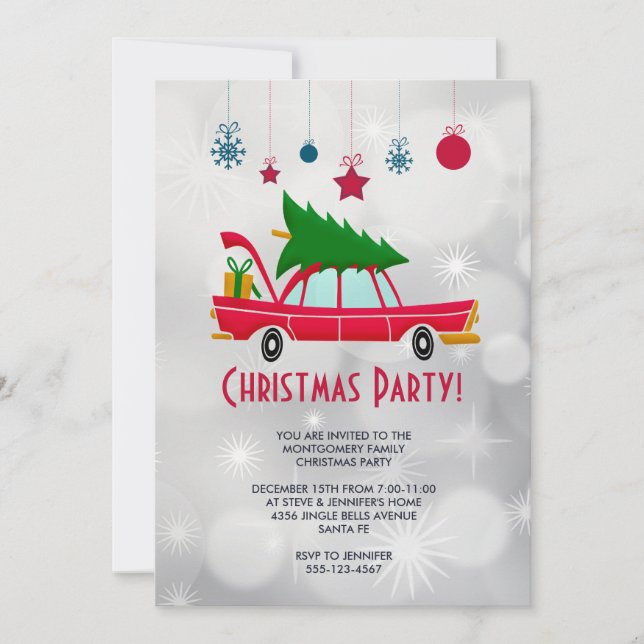 Invitation Voiture rouge rétro portant une fête des arbres de (Devant)