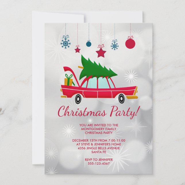 Invitation Voiture rouge rétro portant une fête des arbres de (Devant)