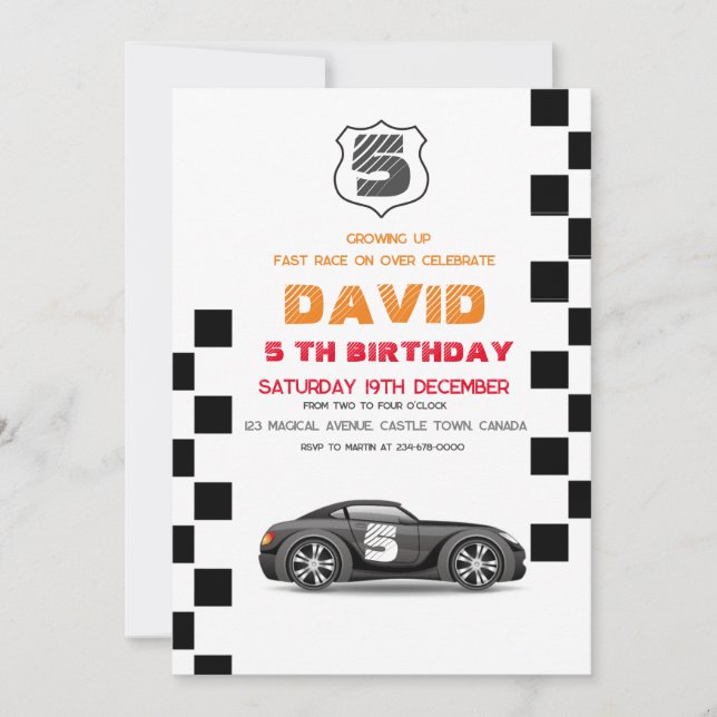 Invitation Voiture Sport Noir | Toys Cars 5th Boy Birthday (Devant)
