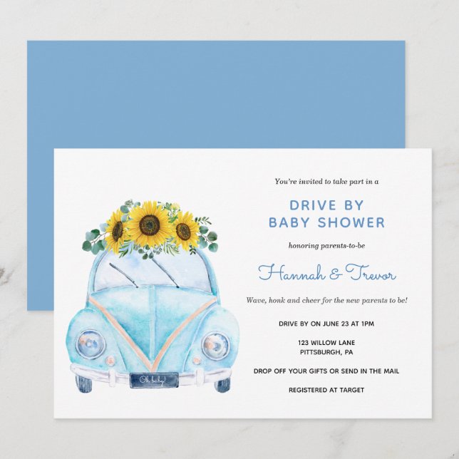 Invitation Voiture Sunflower Blue En Baby shower (Devant / Derrière)