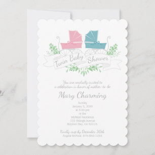 Invitation Voiture vintage BABY SHOWER jumeau rose bleu pram 
