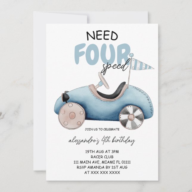 Invitation Voiture vintage Retro 4e anniversaire (Devant)
