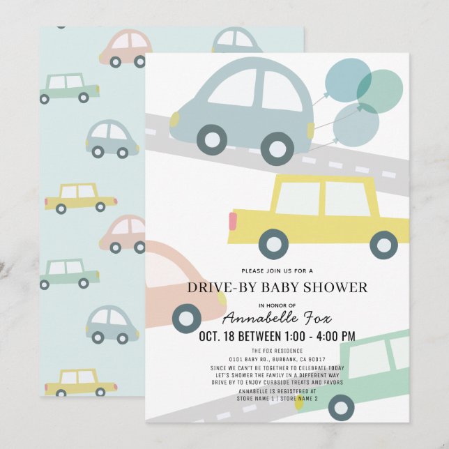 Invitation Voitures avec ballons Blue Boy Baby shower Drive-b (Devant / Derrière)