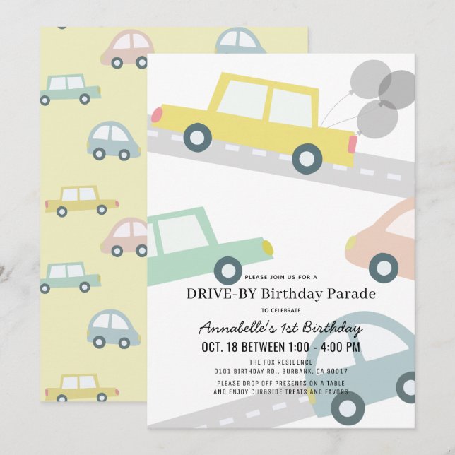 Invitation Voitures avec ballons Jaune à l'anniversaire (Devant / Derrière)