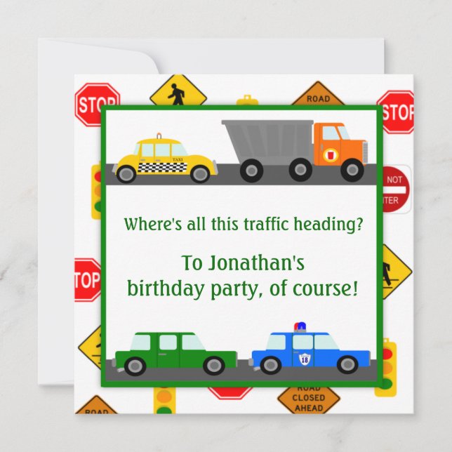 Invitation Voitures, camions et panneaux de rue Anniversaire  (Devant)