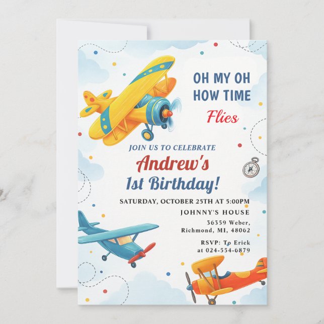 Invitation Vol personnel 1er anniversaire pour bébé enfant (Devant)
